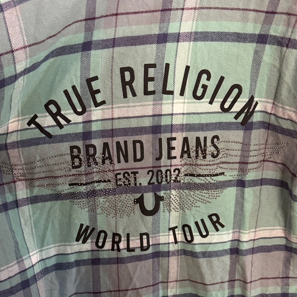 True Religion Y2K Plaid Flannel Shirt Distressed Hem Size L - Picture 5 of 7